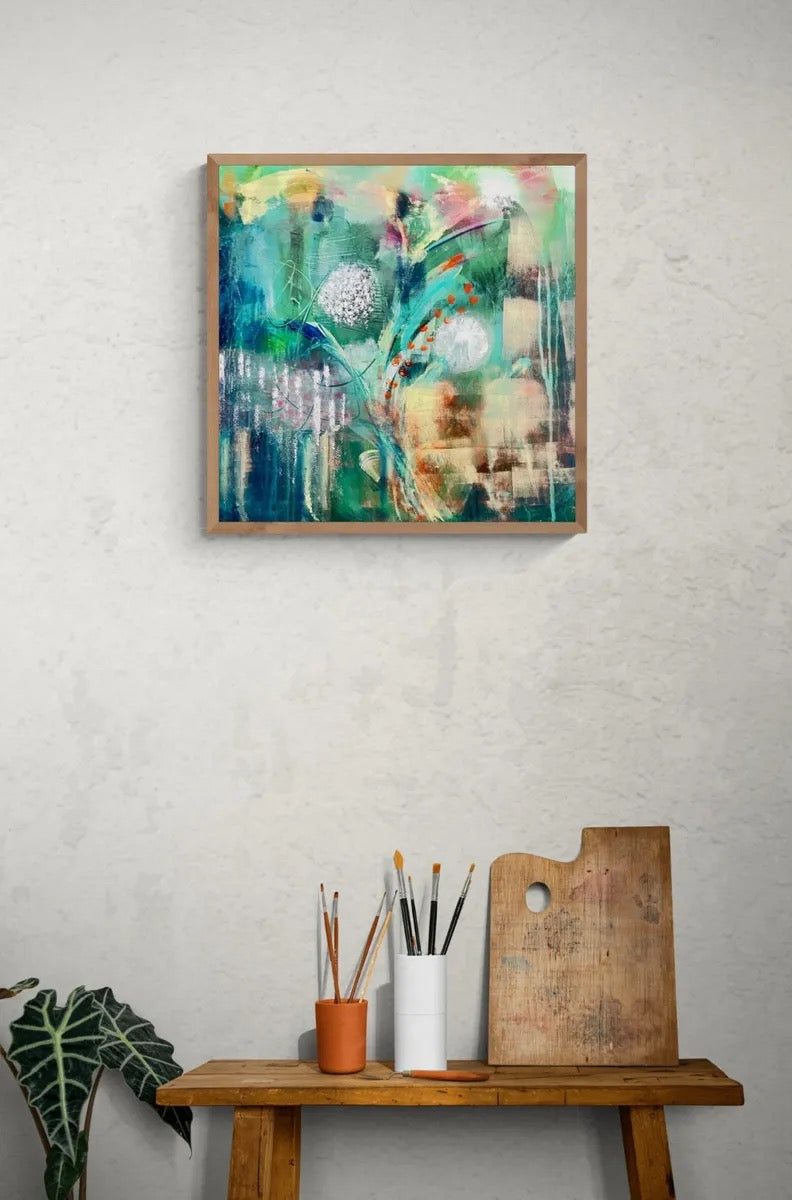 "Green garden" colourful abstract mixed media on canvas